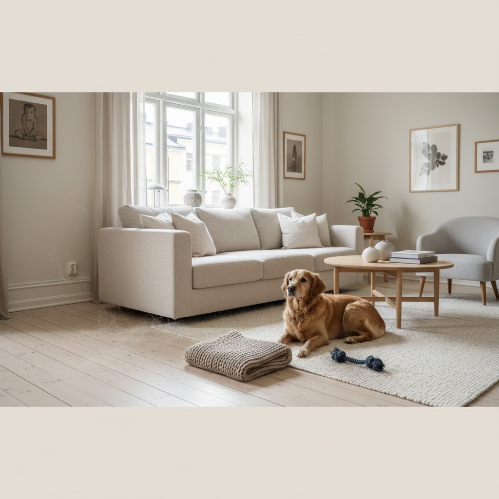En gyllenbrun hund ligger på en ljus matta i ett stilrent vardagsrum med en ljus soffa och trägolv.